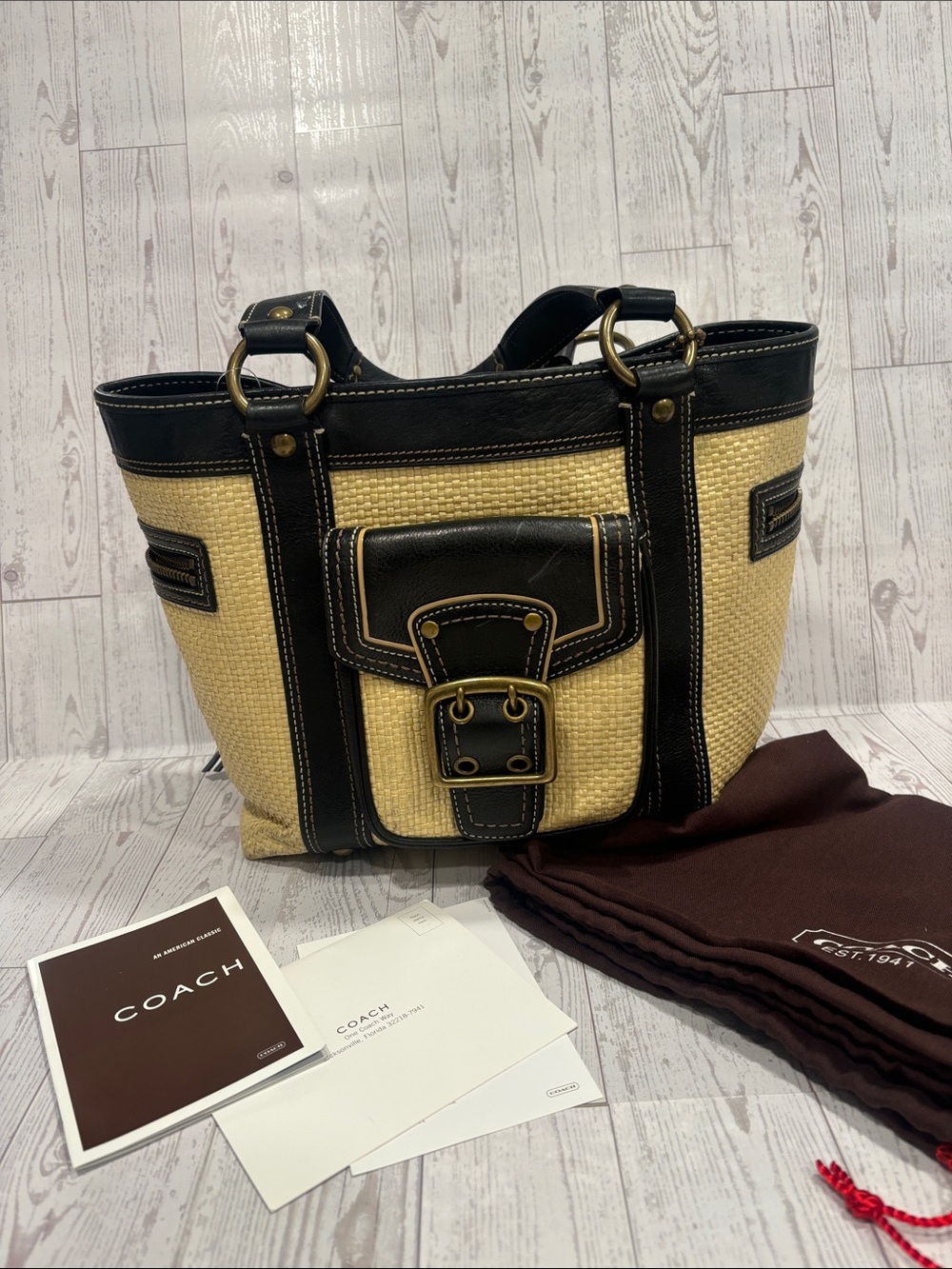 Coach Legacy Black Leather Trim Yellow Straw Tote with Brass Hardware